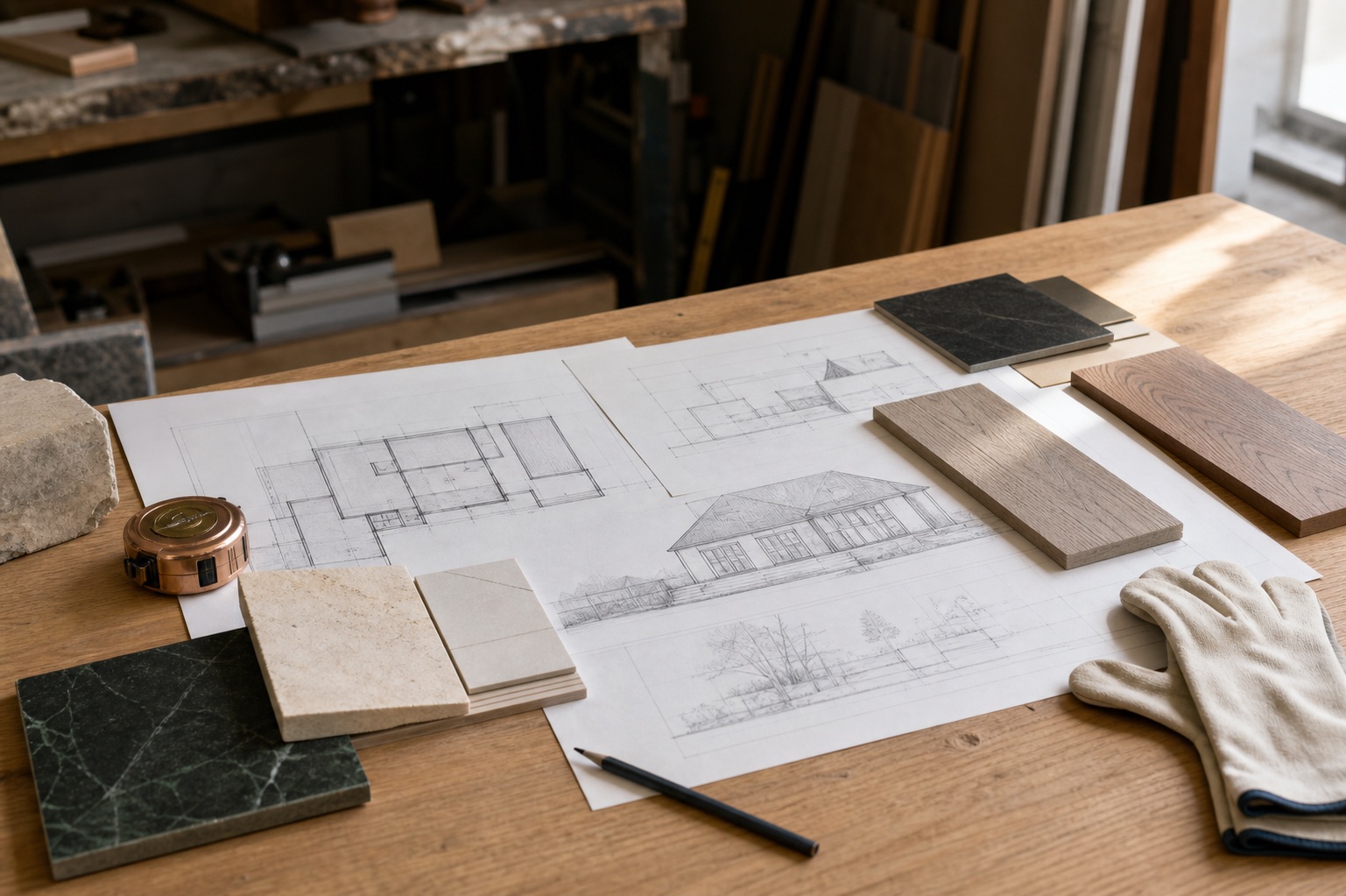 Renovation drawings, timber samples and tools on a planning table